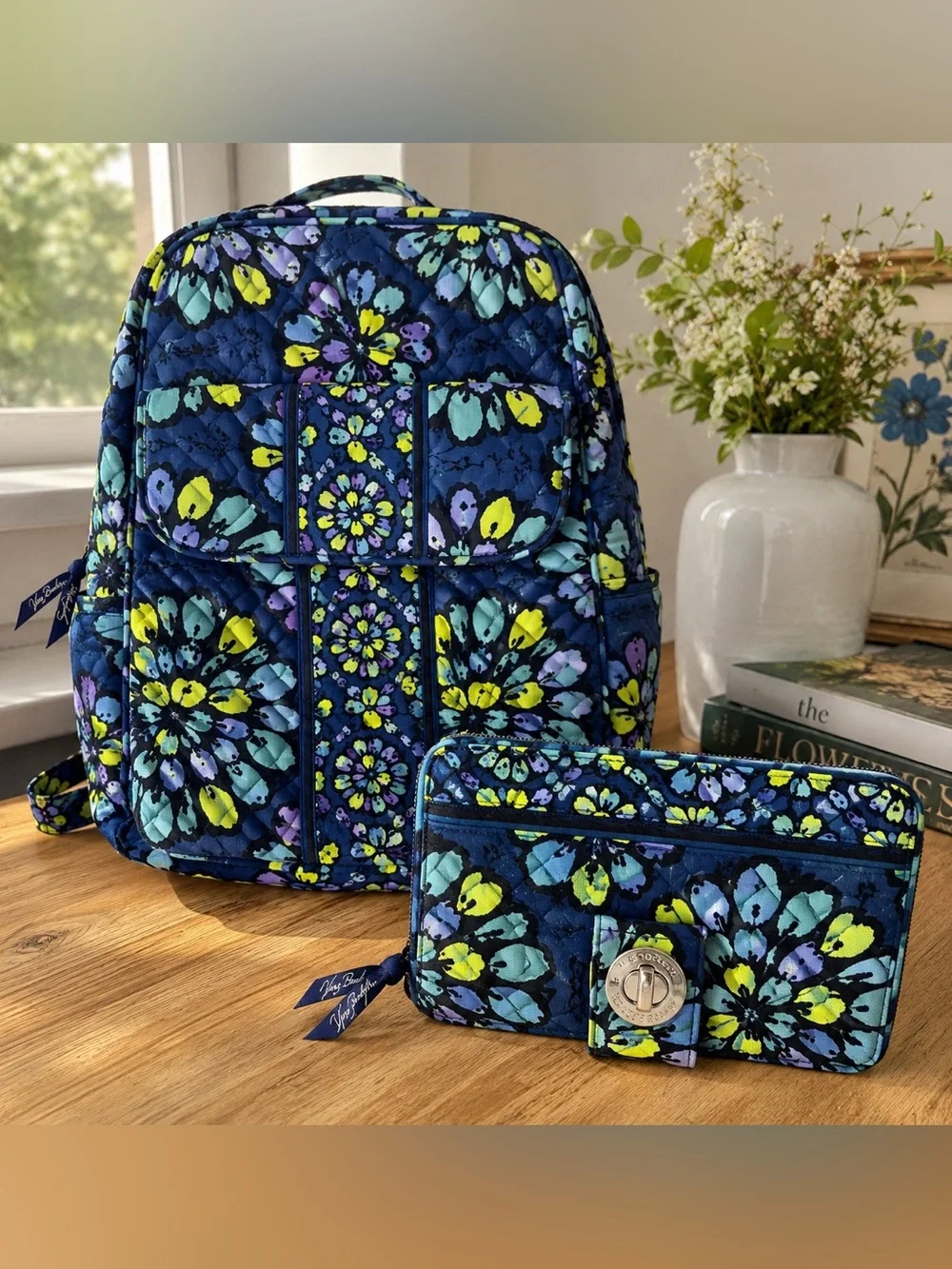 Vera Bradley Indigo Pop Backpack & Turn Lock Wallet Set